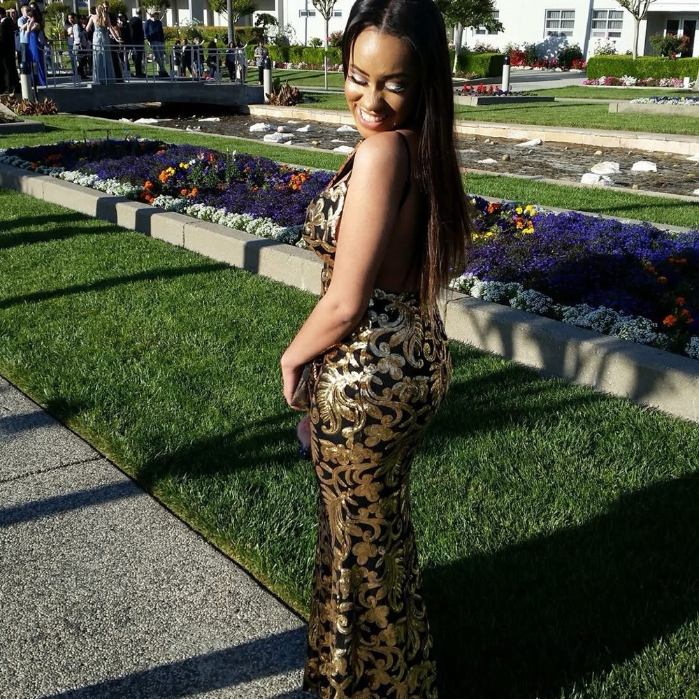 Windsor Black and Gold Backless Dress (size Med); adjustable straps. #317